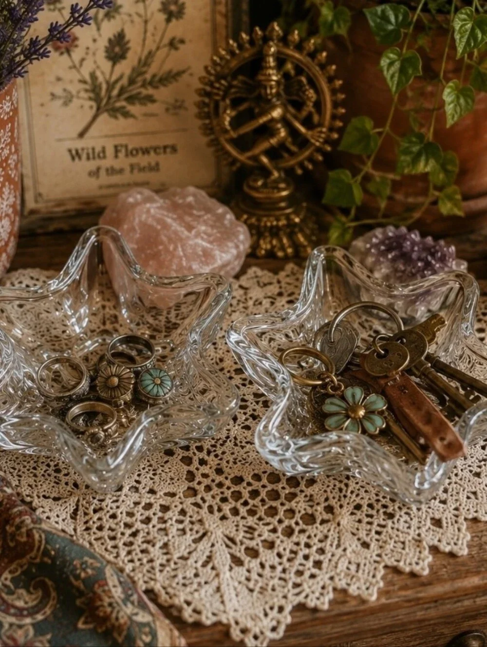 4/$15 Vintage Clear Glass Star Candle Holders Pair Heavy Glass Ring Dish Boho
